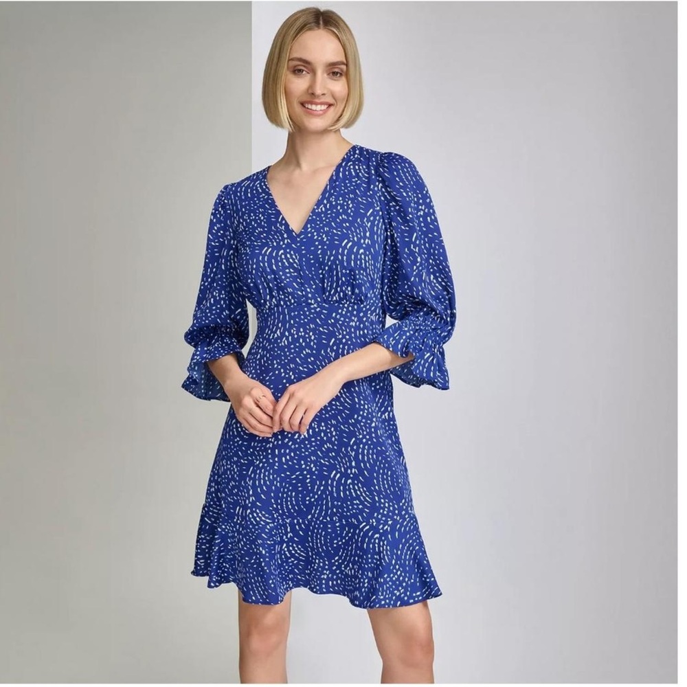 NWT Harper Rose Deep‎ Blue Printed V-Neck Long Sleeve Midi Dress size 8